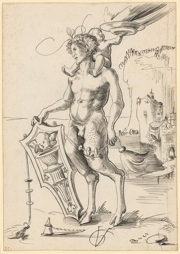 Satyr with Shield and Child before a Seaside Landscape