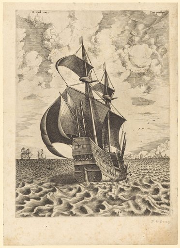 Armed Four-Masted Ship Sailing Towards a Harbor