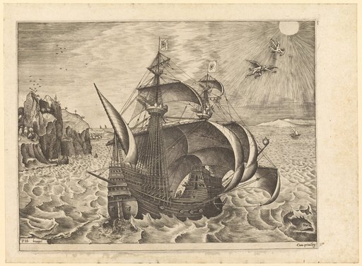 Armed Four-Masted Ship with Daedalus, Icarus Falling in the Sky