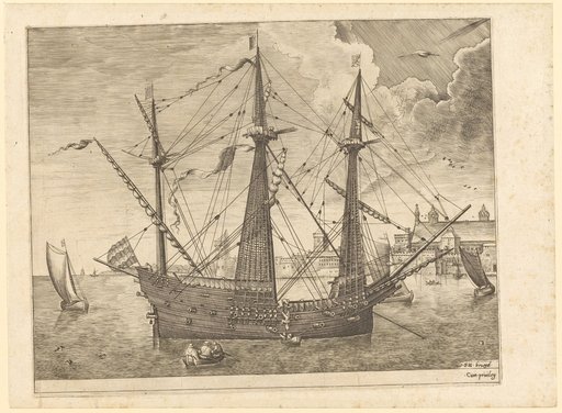 Armed Three-Masted Ship Anchoring Before a City