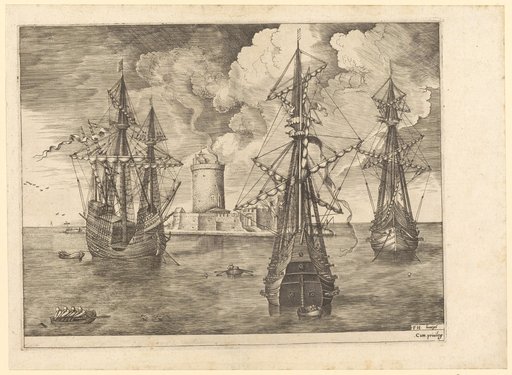 A Four-Masted Ship and Two Three-Masted Ships Anchoring Before a Fortress Island