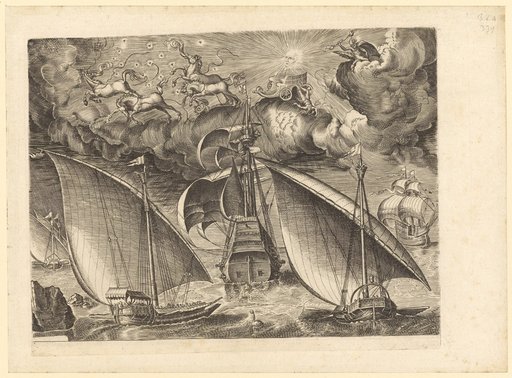 Two Galleys Behind an Armed Three-Masted Ship, Phaeton's Fall in the Sky