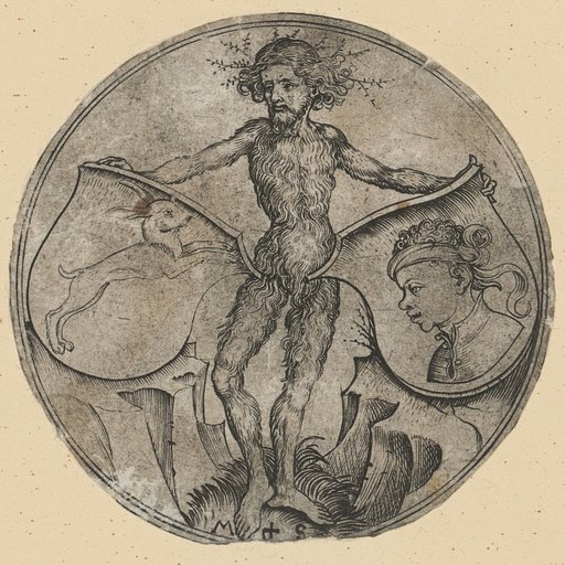 Two Coats of Arms with a Hare and a Man's Head, Held by a Wild Man