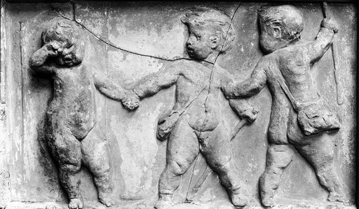 Two Putti Setting Out on a Journey, Bidding Farewell to a Third (Fragment from a Figure Frieze Depicting Scenes from the Potter's Craft on the Facade of Walter Böcklin's Residence at Clarastrasse 17, Basel)