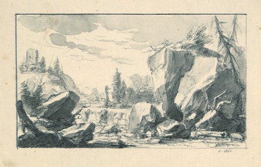 Rocky River Valley with Waterfall and Tower Ruin