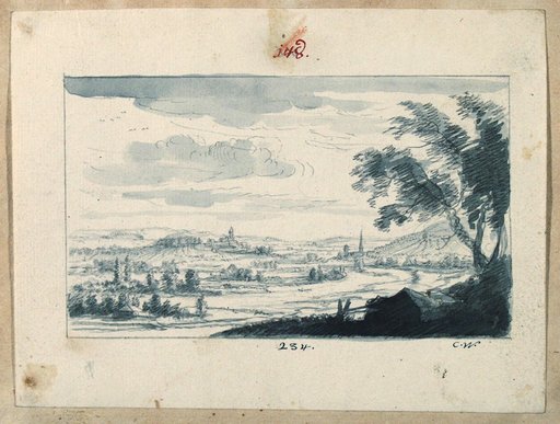Wide Hilly River Landscape; a City at the River Bend, a Village on the Opposite Hill