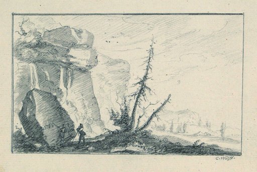 Landscape with High Rock Walls, Steeply Upright Boulders, and a Group of Trees