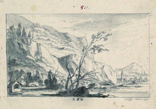 View of a Mountainside with a Village before Distant Mountains, a Way Chapel in the Left Foreground, and a Group of Trees in the Center