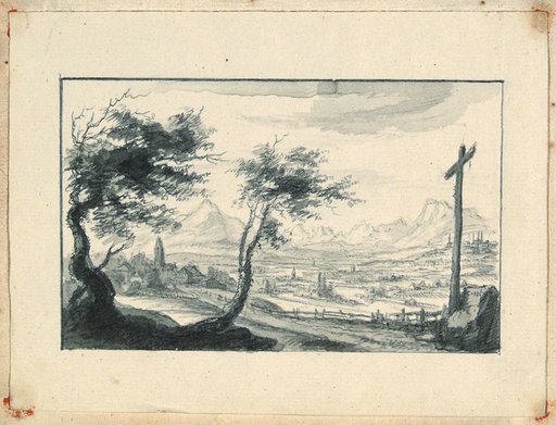 Landscape with Way Cross and Village Church; View over the Reuss Plain to the Alps, with Church and Muri Monastery at the right edge of the picture