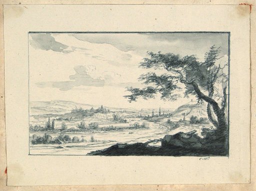 Wide Hilly River Landscape; a City at the River Bend, a Village Church on the Opposite Hill