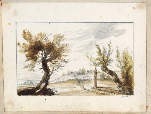 Landscape with Two Willows, River, and Way Cross