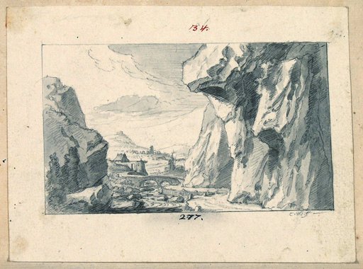 Rocky Landscape with River, Road, and Fortified Arch Bridge
