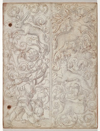 Two Vertical Ornamental Beams with Hunting Motifs (Writing Book II)