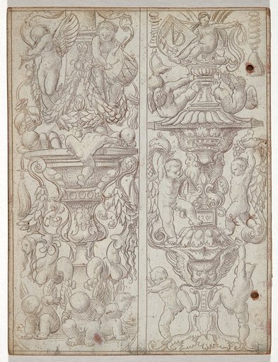 Two Vertical Ornamental Beams with Candelabras, on which Naked Children and Putti Play (Writing Book II)