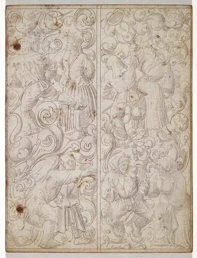 Two Vertical Ornamental Beams with Peasant Couples in Scrolls (Writing Book II)