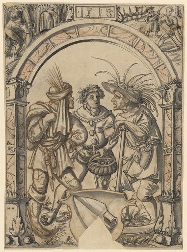 Circular Design with Three Peasants and a Coat of Arms with a Ploughshare