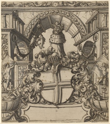 Cartouche with the Coat of Arms of the Knight Hartmann von Andlau (or his son Philipp Jakob), flanked at the bottom by ships of Fortuna