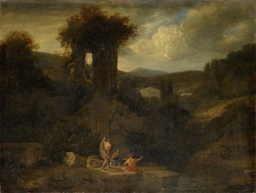 Landscape with a Temple Ruin and Fishermen by a Body of Water