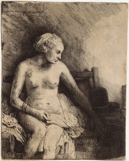Nude Woman in a Bath with a Hat Beside Her