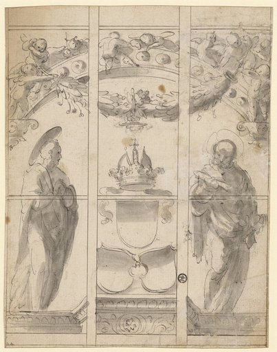Stained-Glass Pattern with a Coat of Arms (Unterwalden?), Flanked by Peter and John (?)