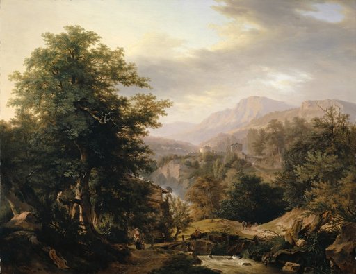 Mountainous landscape with figures and torrent