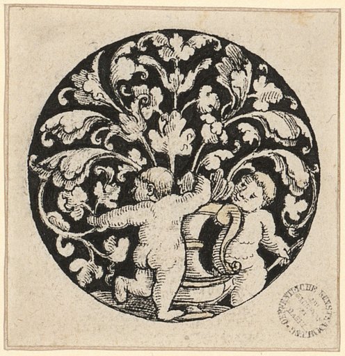 Medallion with two children and a handle vase