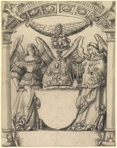 Plate design with two angels as shield supporters and an empty coat of arms