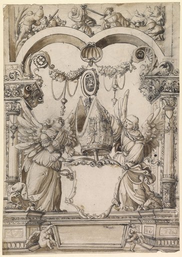 Plate design with two angels as shield bearers and an empty abbatial coat of arms, with plundering warriors in the upper image