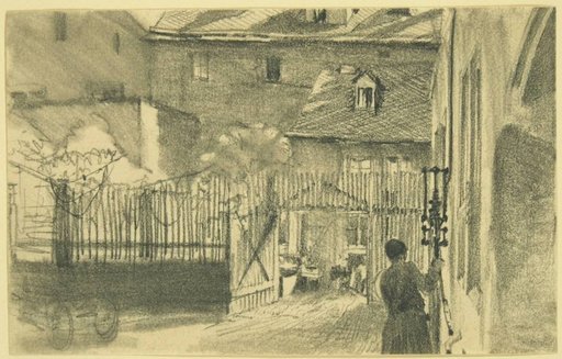 View into a Sunlit Courtyard with a Woman at a Water Pump