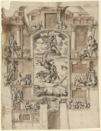 Design for a Facade Painting at the House Zum Walpach in Basel with the Fall of Bellerophon, Marsyas and Phoebus, Hercules, Virtus and Lust, Daedalus and Icarus; Phaethon and Sol(-Phoebus); Atalanta and Meleager