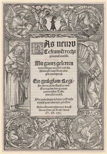 Title Border with Saints Peter and Paul, the Coat of Arms of Basel, and the Motto of Adam Petri