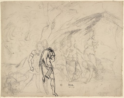 Nymphs and Centaurs in a Cave, with Two Warriors in Front and a Resting Lion to the Left