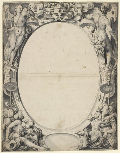 Window Design with Oval Frame and Empty Central Panel, with Justitia, Fides, Charity, and Patience in the Corner Panels