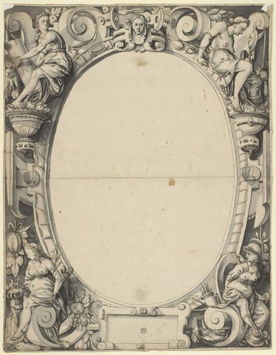 Wheel-shaped design with oval frame and empty central image, with Prudentia, Fortitudo, Pax and Bellona (?) in the corner images