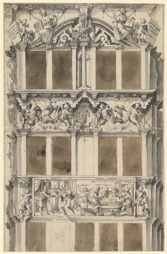 Design for a facade painting with the personifications of the Old and New Testaments, the self-sacrificing pelican, and scenes from the story of the Prodigal Son