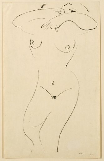 Frontal Female Nude with Arms Raised High, Partially Covering the Face