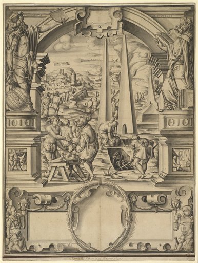 Cross-Section with Leonhard Thurneysser in the Orient Acquiring Mummies, Flanked by Ptolemy and Aristotle, with an Empty Coat of Arms Below