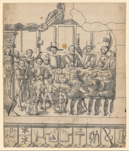Plate Design with Dining Party, Below Coats of Arms