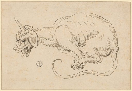 Mythical creature with a horn, facing left
