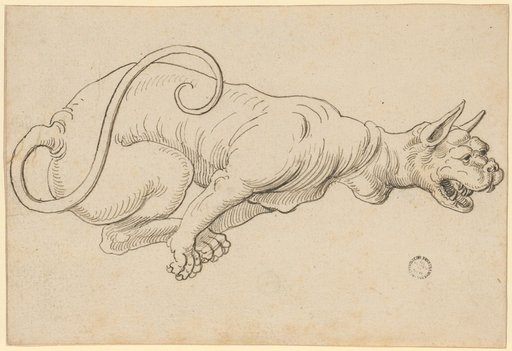 Mythical creature with a dog's head, facing right