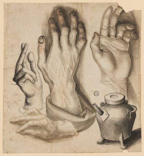 Four studies of hands and a cauldron