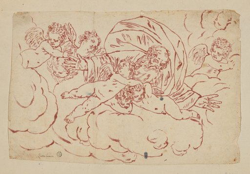 God the Father with outstretched arms in clouds, surrounded by angels
