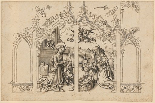 The Adoration of the Child, in a tracery frame