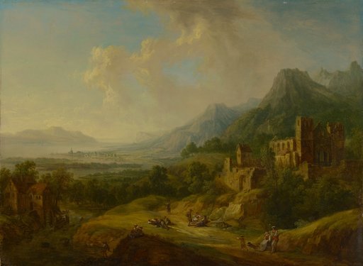River valley with church ruin and figures