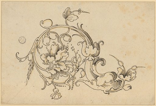 Foliate ornament with flowers and dolphin head