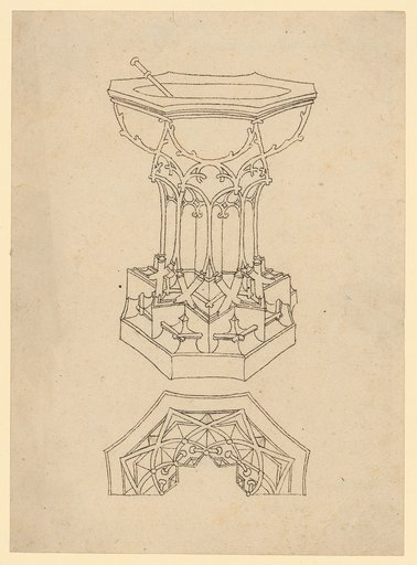 Elevation and half-plan of a baptismal or holy water font