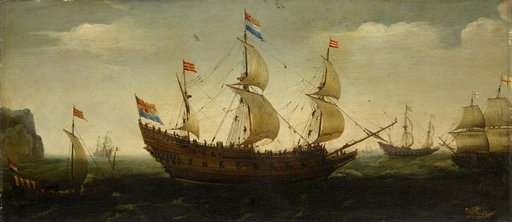 Dutch Three-Masted Ship and Other Vessels Off the Coast