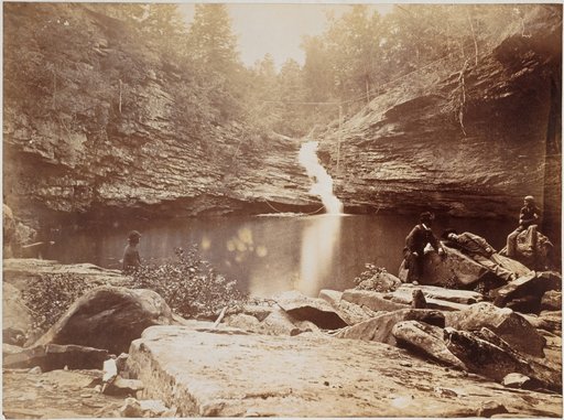Waterfall (Upper Falls) of Rock Creek with a rope slide over Lula Lake at Lookout Mountain, with resting members of the Union forces