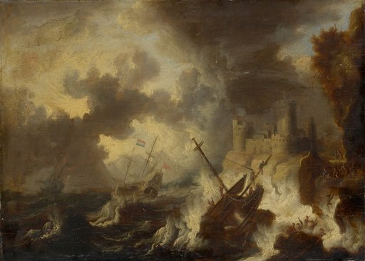 Sea storm with shipwreck before a coastal fortress