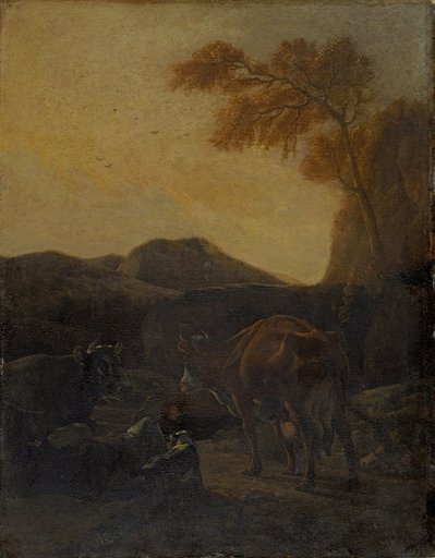 Cattle with a lying shepherd and dog